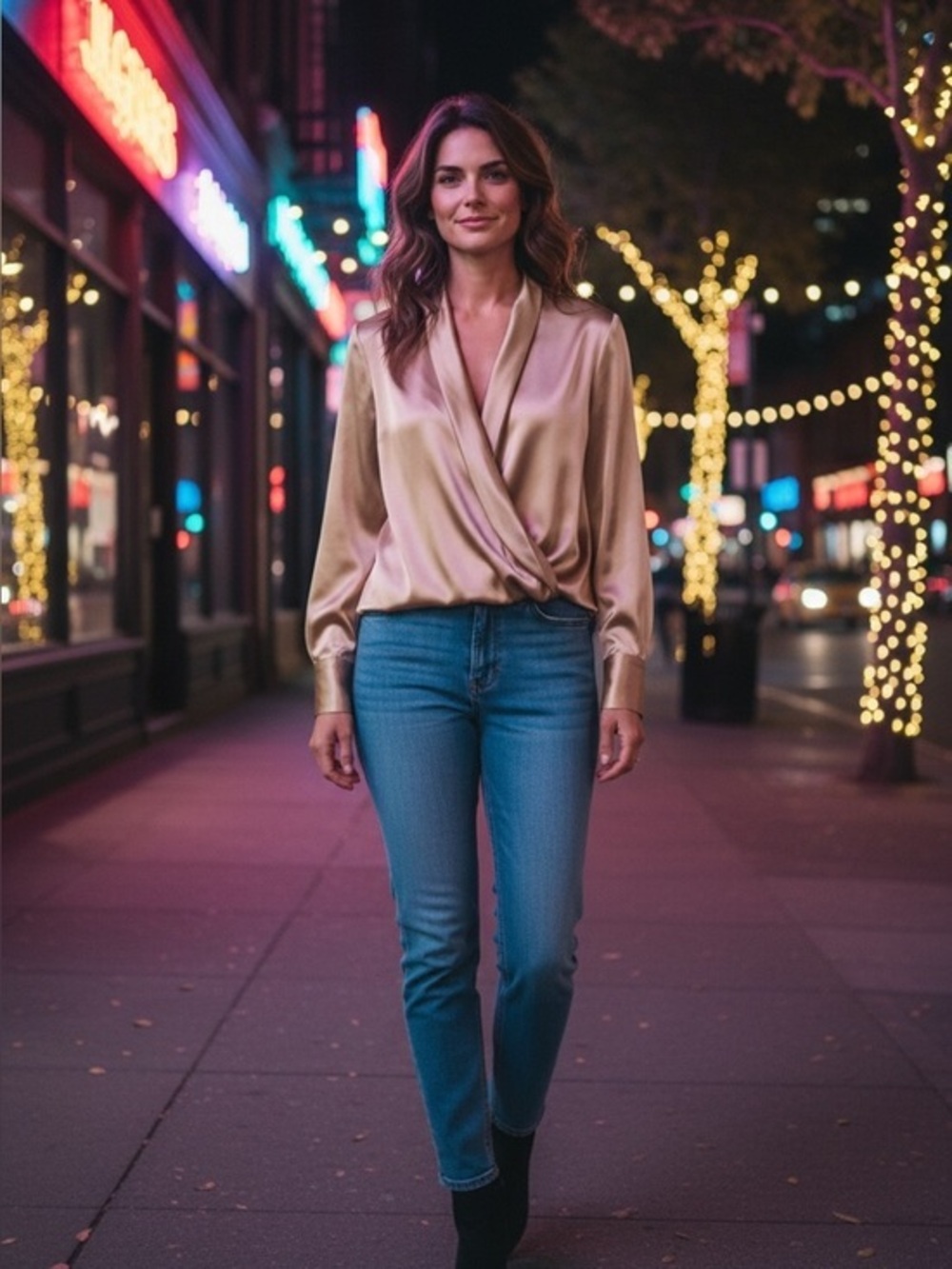 Vintage Champagne Colored Silk Wrap Around Long Sleeve Blouse Plunging Neckline